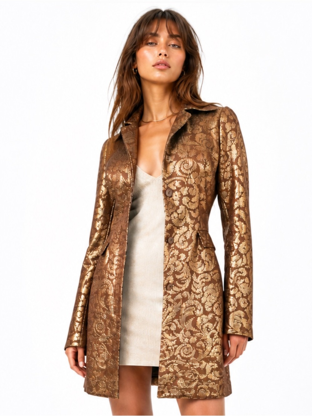 VINTAGE MARCIANO Brown/Gold Floral Lined Mid-Length Overcoat Long Sleeve Size S